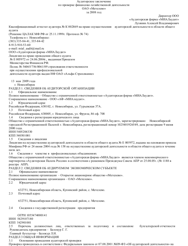 Образец акта аудиторской проверки бухгалтерского учета