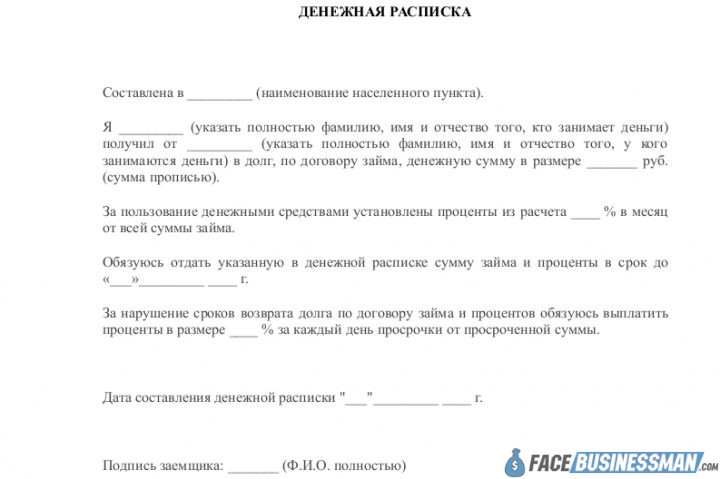 Образец денежной расписки под проценты